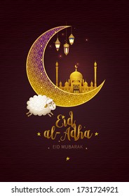 Vector muslim illustration Eid al-Adha card. Banner with golden crescent, sheep, lanterns, calligraphy for happy sacrifice celebration.Traditional Islamic Holiday. Arabic pattern.