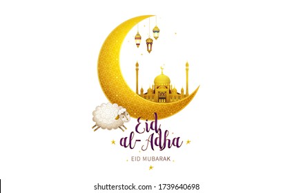 Vector muslim illustration Eid al-Adha card. Banner with golden crescent, sheep, arch, calligraphy for happy sacrifice celebration. Traditional Islamic holiday. Kurban Bayraminiz. Arabic pattern.