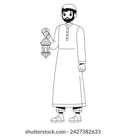 Hombre musulmán que sostiene la ilustración aislada de Ramadán de la historieta de la linterna