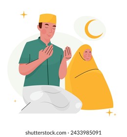 Vector of muslim man and woman pray together after islamic praying or salat