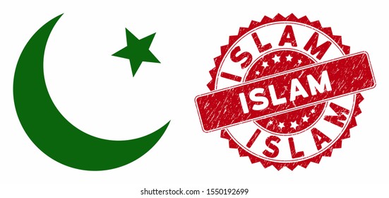 Vector muslim moon icon and rubber round stamp seal with Islam text. Flat muslim moon icon is isolated on a white background. Islam seal uses red color and rubber texture.