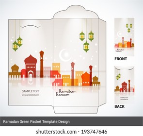 Vector Muslim Mosque Elements Ramadan Money Green Packet Design. Translation: Ramadan Kareem - May Generosity Bless You During The Holy Month.