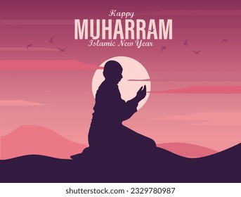 vector of a muslim silhouette praying in desert field sunset of the Islamic new year of muharram