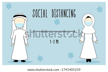 vector of Muslim social distancing , avatar Muslim man and woman wearing masks.