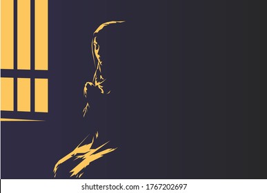 vector of muslim woman praying at dark room near window