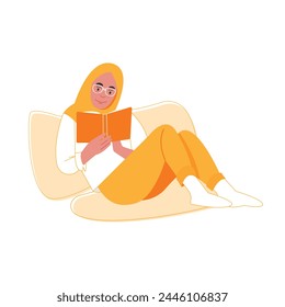 Vector of Muslim woman studying with read a book while sitting on cozy sofa