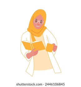 Vector of Muslim woman studying with read a book while drink coffee