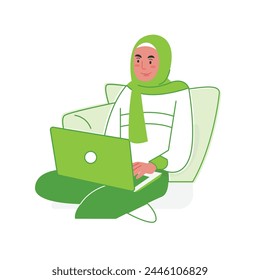 Vector of Muslim woman studying or working using laptop while sitting