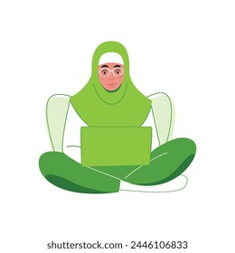 Vector of Muslim woman studying or working using laptop while sitting