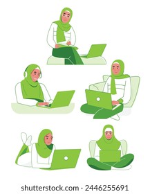 Vector of Muslim woman studying or working using laptop with various gestures