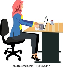 Vector - Muslim Woman Work With Computer Desktop Illustration