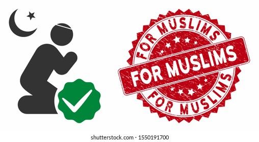 Vector for muslims icon and grunge round stamp seal with For Muslims caption. Flat for muslims icon is isolated on a white background. For Muslims stamp seal uses red color and grunge texture.