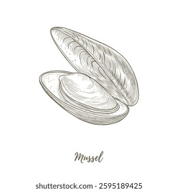 Vector mussel shell line art illustration, graphic line mollusk. mussel sea food. Engraving. Ingredient. Great for menu designs, Ideal for menus, food branding, packaging and summer designs