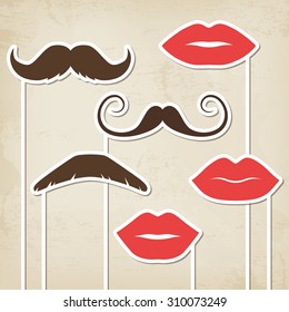 Vector mustaches and lips, retro party masks