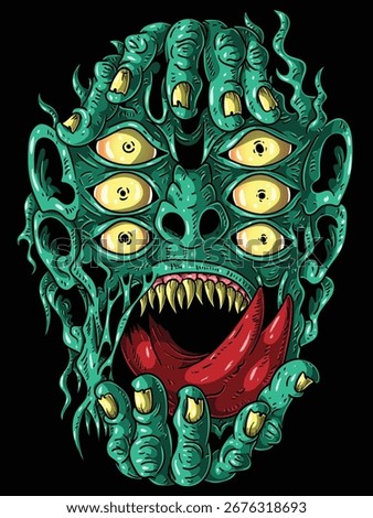 Vector mutant ghoul face with claw-like hands, glowing eyes, fangs, and long tongue. Creepy cartoon horror style, perfect for Halloween, T-shirts, tattoos, and digital art.
