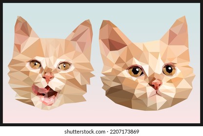 Vector muzzle cat face cute blue pastel background  Polygonal Low Poly style drawing  Ginger cat gold eyes pink noses  Two happy cats illustration
