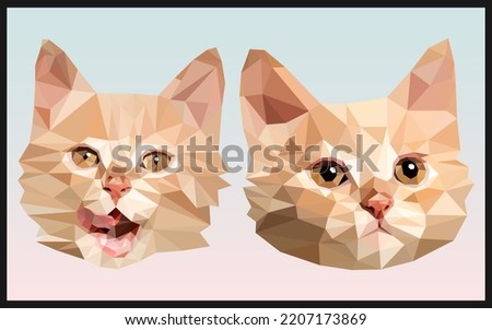 Vector muzzle cat face cute on blue pastel background. Polygonal Low Poly style drawing. Ginger cat gold eyes pink noses. Two happy cats illustration