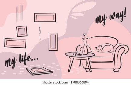 Vector My life - My way funny cat sketch drawing colorful illustration