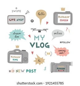 Vector My Vlog big stickers set. Hand drawn illustration of cameras, smartphone and drone with lettering isolated on white. Internet blogging signs and inscriptions. 