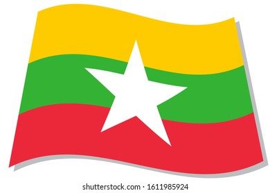 Vector of Myanmar flag. Consists of yellow, green and red. Set white star on center. With shadow. On white background. EPS file. Size width 3000 pixel and high 2000 pixel.