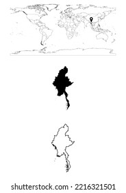 Vector Myanmar map, map of Myanmar showing country location on world with solid and outline maps for Myanmar on white background. File is suitable for digital editing and prints of all sizes.