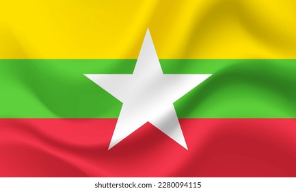 Vector Myanmar. Waved Flag of Myanmar. Myanmar emblem, icon.