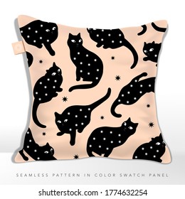 Vector Mysterious Black Cat Silhouette Seamless Fabric Pattern on Cushion, with Star Decor, Coral & Black.