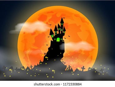 vector of mysterious castle on high hill in full moon Halloween night.