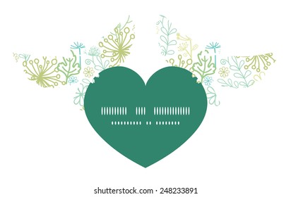 Vector mysterious green garden birds holding heart silhouette frame pattern invitation greeting card template