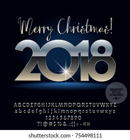 Vector mysterious Merry Christmas 2018 Greeting Card with Alphabet set of Letters, Symbols and Numbers. Silver Font contains Graphic Style