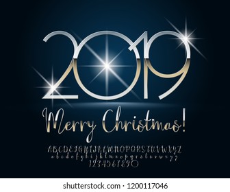 Vector mysterious Merry Christmas 2019 Greeting Card with Alphabet set of Letters, Symbols and Numbers. Bright Silver Font.