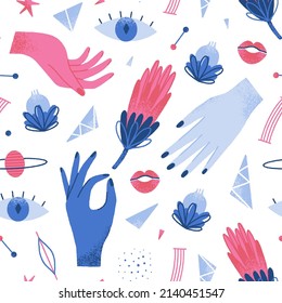 Vector mysterious seamless pattern with hands, flowers, eye, lips, planet. Witchcraft mythical repeating background. Blue and red colors. Hand drawn style. Wallpaper, wrapping paper, textile