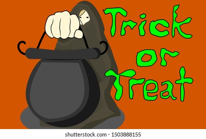 vector mysterious woman offers witch pot with trick or treat text