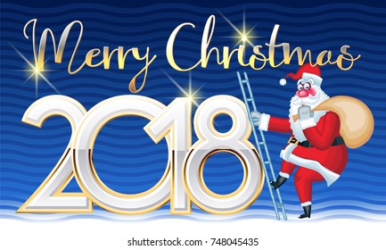 Vector mystery Greeting Card with Santa Claus carrying gifts. Golden shine Merry Christmas banner with Show