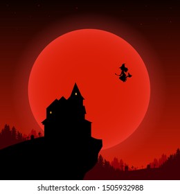 Vector mystery illustration with haunted house, flying witch, woods and cemetery. Halloween landscape with spooky house, forest, graveyard, flying hex and huge red full moon. 