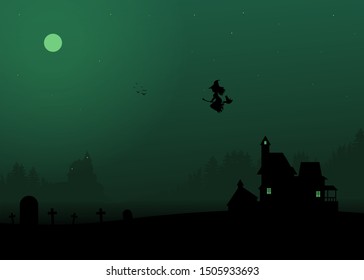 Vector mystery illustration with haunted house, flying witch, woods and cemetery. Halloween landscape with spooky house, forest, graveyard, flying hex. 