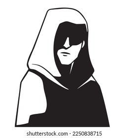 Vector mystery man in hoodie with half face in shodow. Black and white illustration of silhouette of a character portrait in hood, a shadow hides his face.