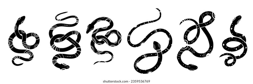 Vector mystery set of black silhouettes of snakes in various poses. Collection of celestial monochrome cobras and boas isolated from background. Animal clipart for sublimation, stickers and icons