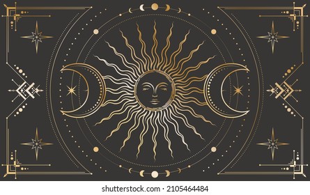 Vector mystic boho background with golden ornate outline geometric frame, magical sun with sleeping face, moon phases, stars, radial circles and crescents. Occult linear banner stylized as engraving