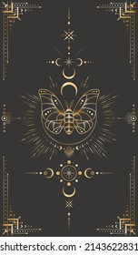 Vector Mystic Celestial Background With Golden Outline Insect, Stars, Moon Phases, Crescents And Frame With Arrows. Occult Linear Backdrop With A Magical Butterfly. Sacred Geometric Tarot Card Cover