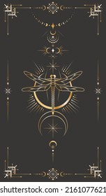 Vector mystic celestial background with a golden outline insect, stars, moon phases, crescents and a frame with arrows. Occult linear banner with a magical dragonfly. Black tarot card cover