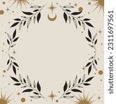 Vector mystic celestial frame with stars, crescents, leaves and a copy space. Banner with an elegant border and a place for text