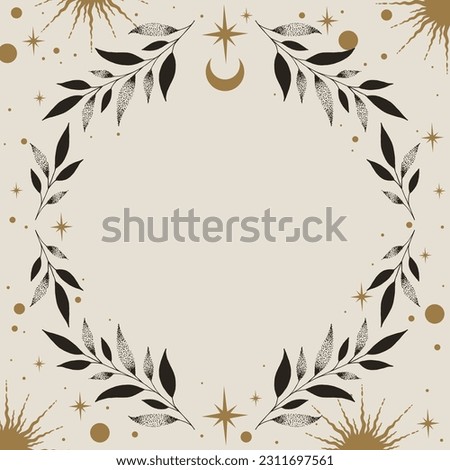 Vector mystic celestial frame with stars, crescents, leaves and a copy space. Banner with an elegant border and a place for text
