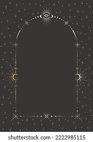 Vector mystic celestial golden arched frame with different stars, dots, beams and a copy space. Ornate magical background with shiny corners. Banner with an elegant border and a place for text