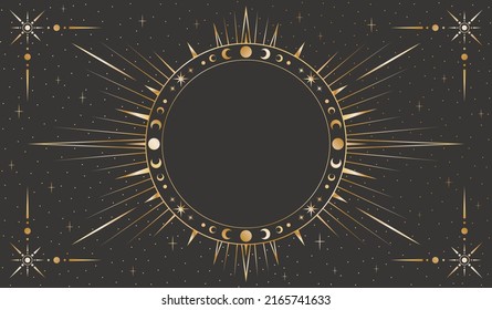 Vector mystic celestial golden frame with stars, moon phases, crescents, beams and a copy space. Ornate magical background with shiny corners. Banner with a border and a place for text