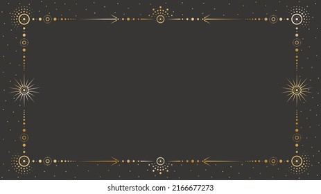 Marco dorado celestial vectorial místico con diferentes estrellas, puntos, vigas y un espacio de copia. Ornate fondo mágico con esquinas brillantes. Cartel con un elegante borde y un lugar para el texto