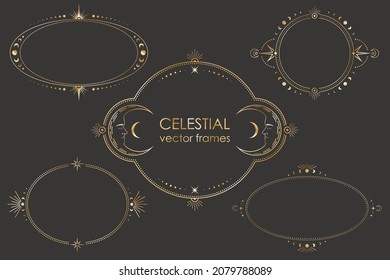 Vector mystic celestial oval and round stickers set with a golden frames with stars, moon phases, crescents and copy space. Collection of ornate shiny magical isolated labels with place for text