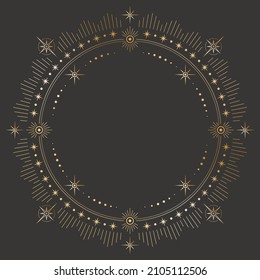 Vector mystic celestial round golden outline frame with different stars, beams and a copy space. Ornate shiny magical linear border with a place for text