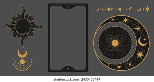 Vector mystic celestial set a with golden outline sun, stars, crescents and moon phases. Black occult shiny linear labels with a magical frame stylized as engraving