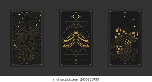 Vector mystic celestial set a with golden outline mushrooms, fly agaric, penny bun, crescents and moon phases. Black occult shiny linear labels with a magical frame stylized as engraving